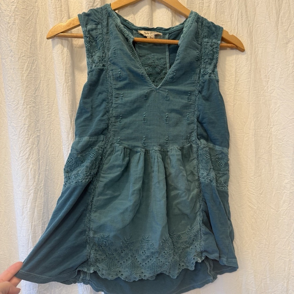 Lucky Brand Women's Sleeveless Top Size Small Crochet Boho Teal Cotton Indie - Picture 5 of 10